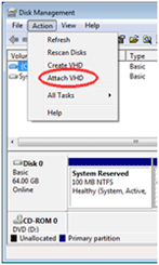 Windows 7 Disk Management Actions, Attach VHD
